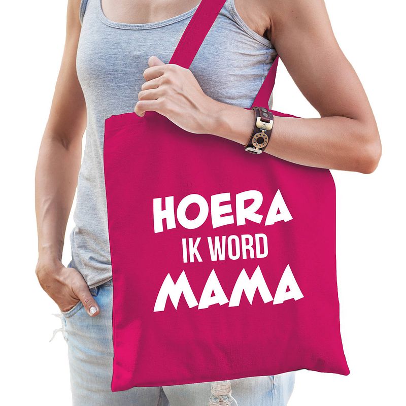 Foto van Hoera ik word mama cadeau katoenen tas fuchsia roze voor dames - cadeau aanstaande mama - feest boodschappentassen