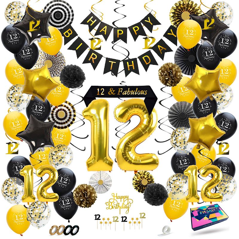 Foto van Fissaly® 12 jaar verjaardag decoratie versiering - ballonnen - jubileum - jongen & meisje - zwart en goud