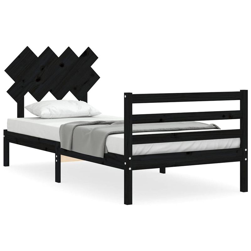 Foto van The living store massief grenenhouten bedframe - zwart - 205.5 x 105.5 x 81 cm - multiplex lattenbodem