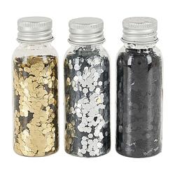 Foto van Glitters chunky in flesje - zwart/goud/zilver - set van 3
