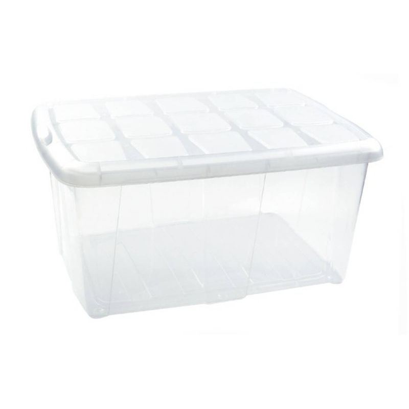 Foto van 1x opslagbakken/organizers met deksel 60 liter 63 x 46 x 32 transparant/wit - opbergbox