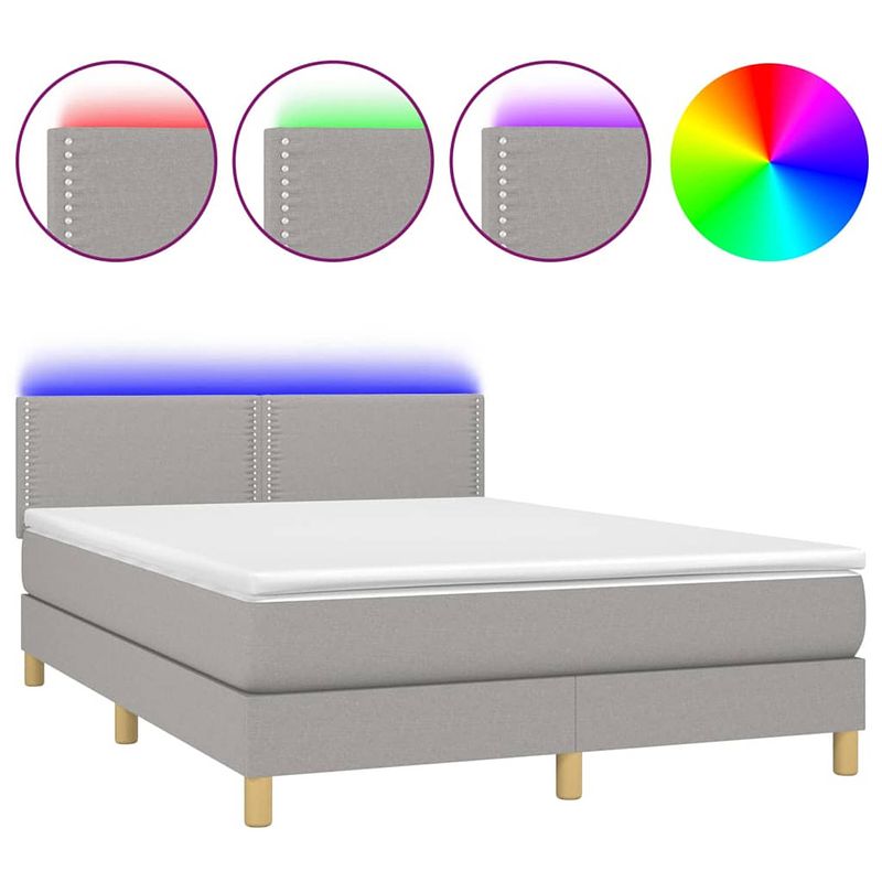 Foto van The living store boxspring bed led - 203 x 144 x 78/88 cm - lichtgrijs - pocketvering matras - huidvriendelijk