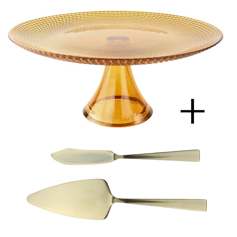 Foto van Otix taartplateau met taartschep - goud met voet - 28cm - amber - kleur -glas