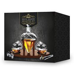 Foto van Diamant whiskey decanter - deluxe uitvoering - houten plateau - incl. whiskey glazen, whiskey stones, trechter en
