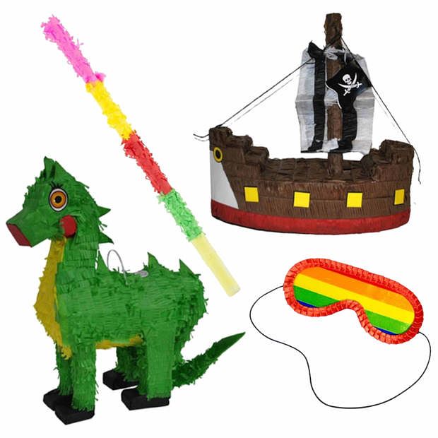 Foto van Pinata van een dinosaurus set met masker en stok - pinatas