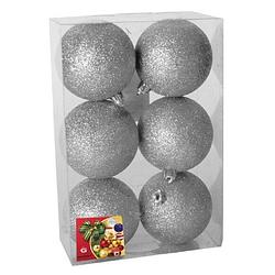 Foto van 6x stuks kerstballen zilver glitters kunststof 8 cm - kerstbal