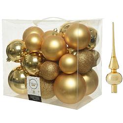 Foto van Kerstversiering kunststof kerstballen met piek goud 6-8-10 cm pakket van 27x stuks - kerstbal