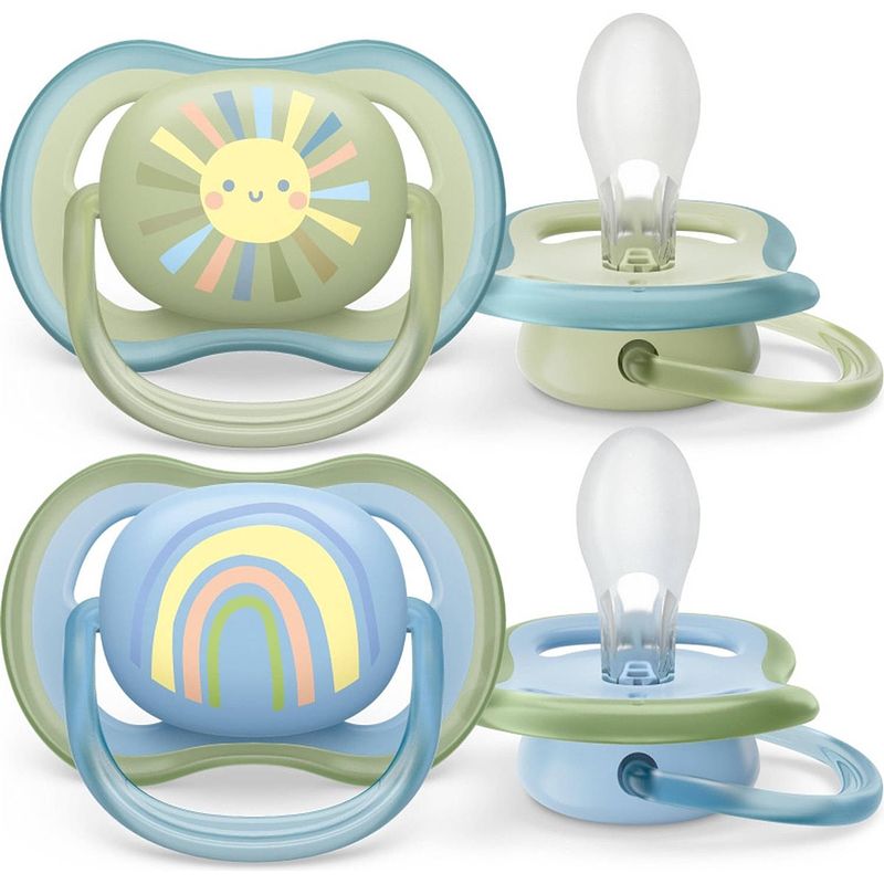 Foto van Philips avent ultra air fopspeen - 0 tot 6 maanden - 2 speentjes - groen/blauw zon/regenboog