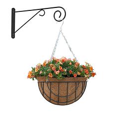 Foto van Hanging basket met muurhaak sierkrul grijs en kokos inlegvel - metaal - complete hanging basket set - plantenbakken