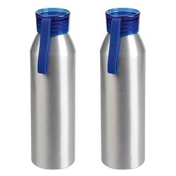 Foto van 2x stuks aluminium waterfles/drinkfles zilver met blauwe kunststof schroefdop 650 ml - drinkflessen