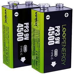 Foto van Oplaadbare 9v batterij (blok) verico loopenergy usb-c li-ion 7.4 v 500 mah 2 stuk(s)