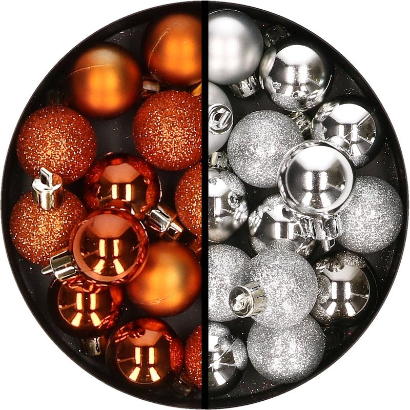 Foto van 34x stuks kunststof kerstballen oranje en zilver 3 cm - kerstbal