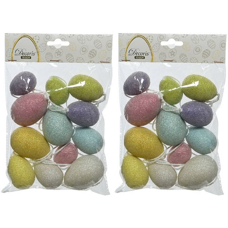Foto van 24x gekleurde glitter plastic/kunststof eieren/paaseieren 4-6 cm - feestdecoratievoorwerp