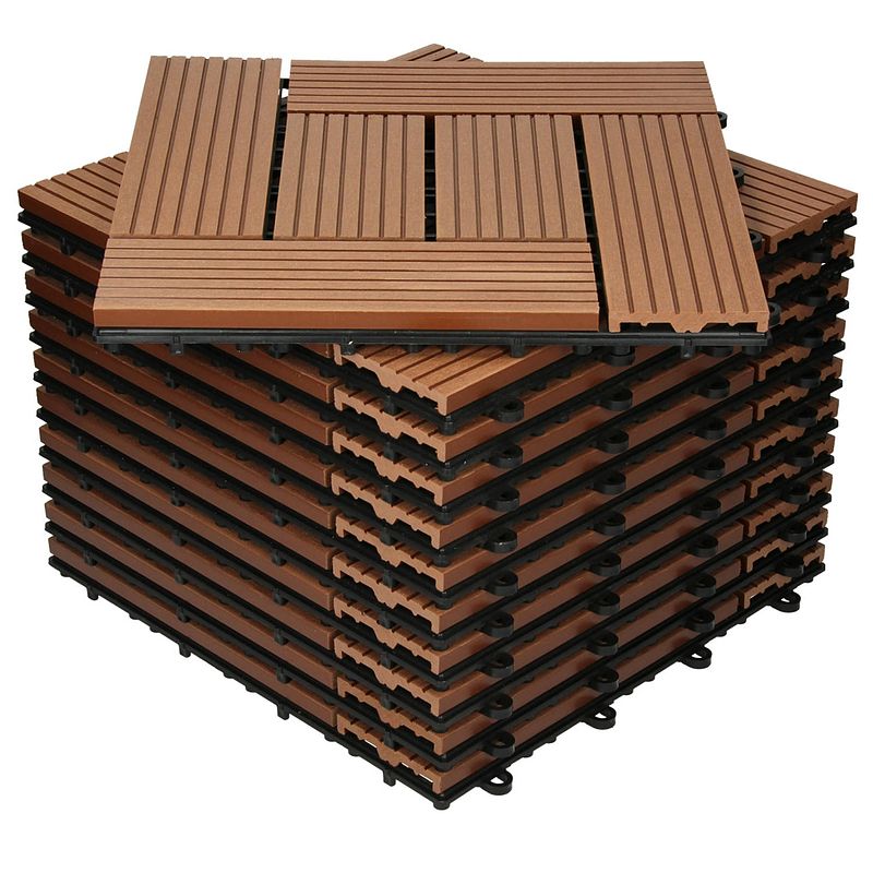 Foto van Ecd germany wpc patio tegels 30x30 cm 22er spar set für 2m² lichtbruin mozaïekhout look voor tuinbalkonvloeren