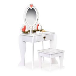 Foto van Ecotoys grote houten kinderkaptafel - met spiegel en kruk - meisjes kaptafel - 50 x 33 x 92,5 cm wit