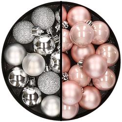 Foto van 36x stuks kunststof kerstballen zilver en lichtroze 3 en 4 cm - kerstbal