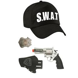 Foto van Politie/swat team verkleed cap/pet blauw met pistool/holster/badge voor kinderen - verkleedhoofddeksels