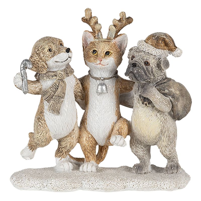 Foto van Clayre & eef kerstdecoratie beeld honden en kat 13*5*12 cm grijs beige wit kunststof decoratief figuur decoratieve