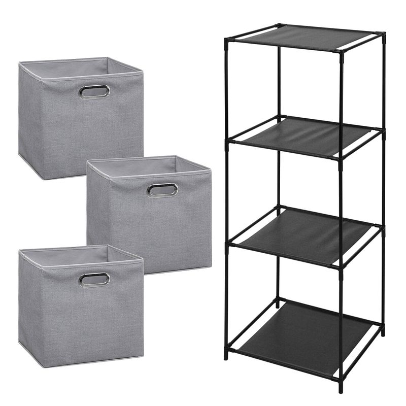 Foto van Storage solutions opbergrek smartrack - met 3x mandjes stof - grijs - 34 x 104 cm - opbergkastjes