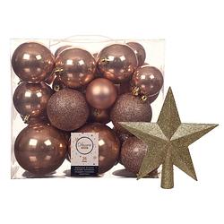 Foto van Kerstballen set 26x stuks kerstballen en ster piek toffee bruin kunststof - kerstbal