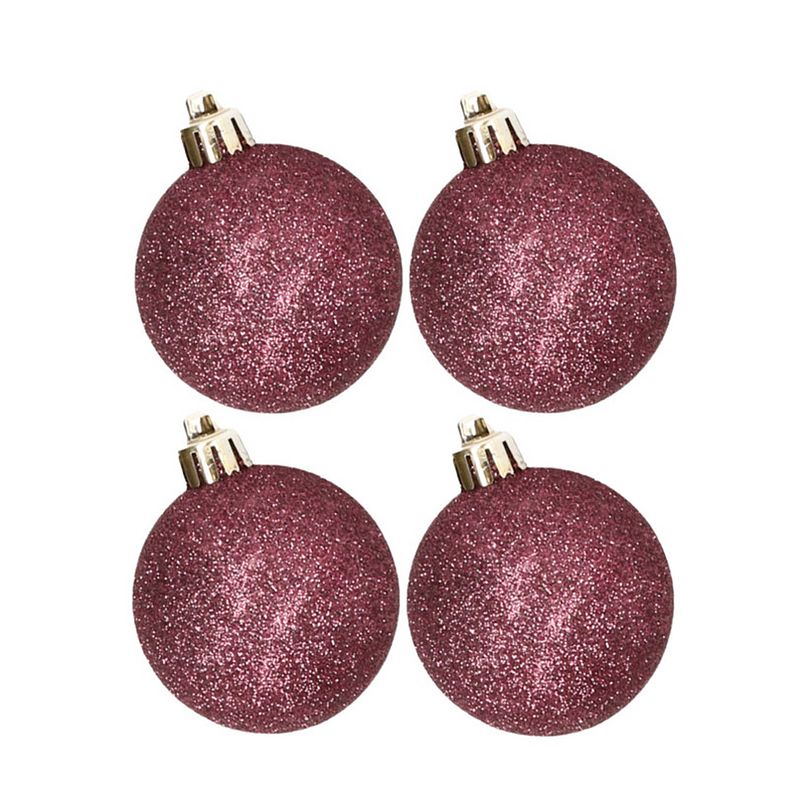 Foto van 4x stuks kunststof glitter kerstballen aubergine roze 10 cm - kerstbal