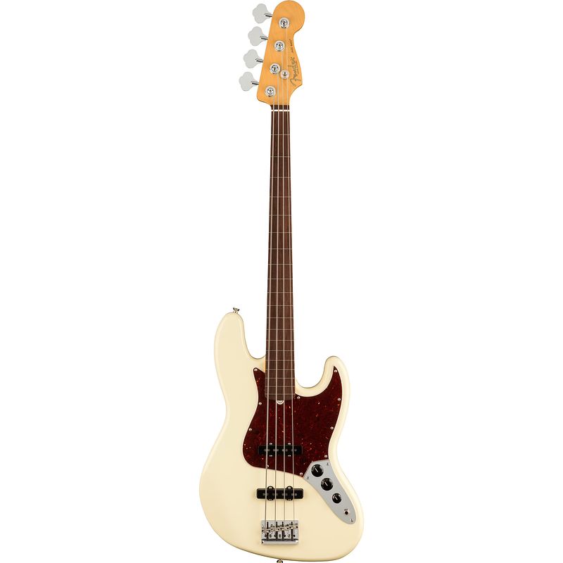 Foto van Fender american professional ii jazz bass fl olympic white rw fretloze elektrische basgitaar met koffer