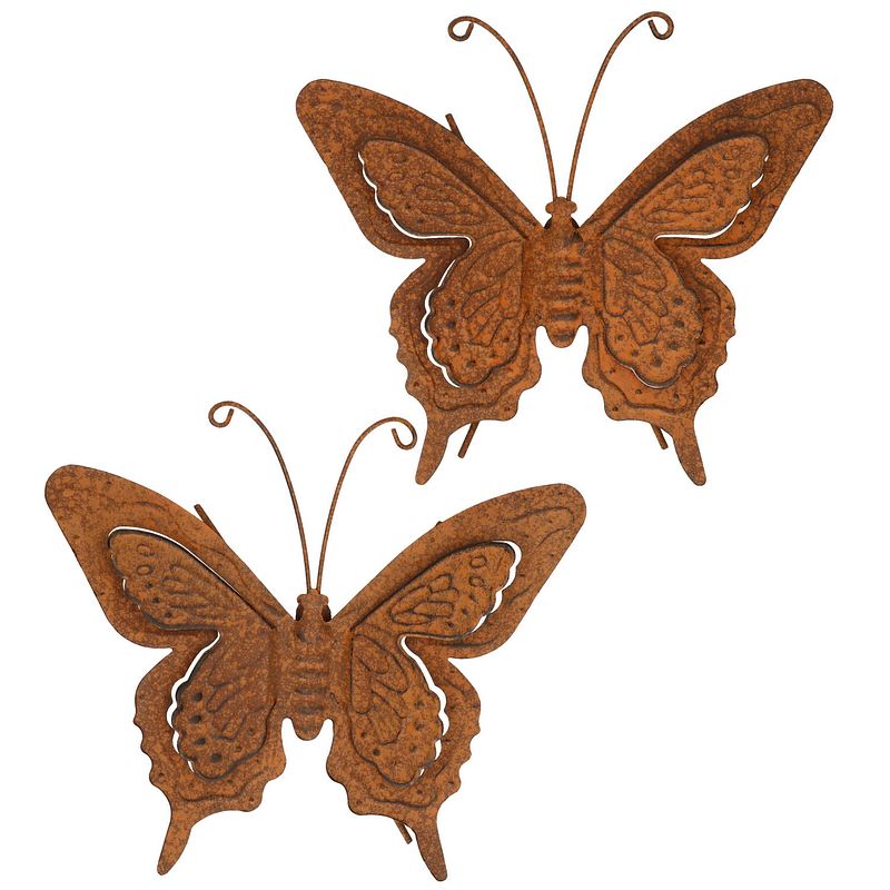 Foto van Tuin/schutting decoratie vlinder - metaal - roestbruin - 23 x 20 cm - tuinbeelden