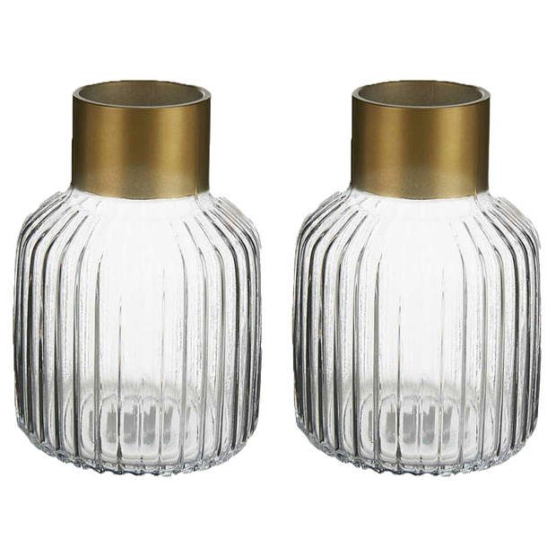 Foto van Bloemenvazen 2x stuks - luxe decoratie glas - transparant/goud - 12 x 18 cm - vazen