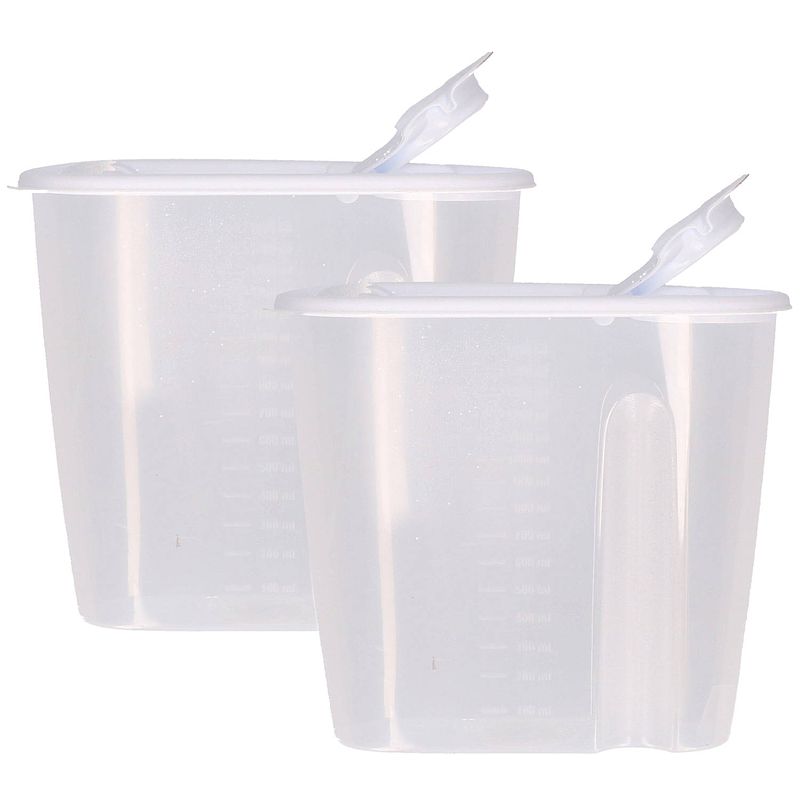 Foto van Voedselcontainer strooibus - 2x - wit - 1,5 liter - kunststof - 19,5 x 9,5 x 17 cm - voorraadpot