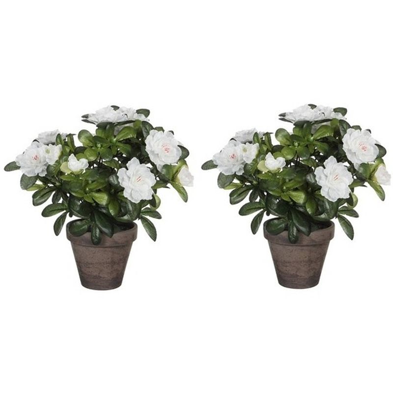 Foto van 2x groene azalea kunstplanten witte bloemen 27 cm in pot - kunstplanten