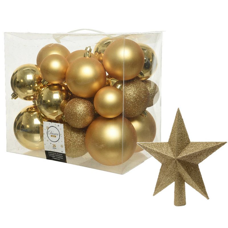 Foto van Kerstversiering kunststof kerstballen met piek goud 6-8-10 cm pakket van 27x stuks - kerstbal