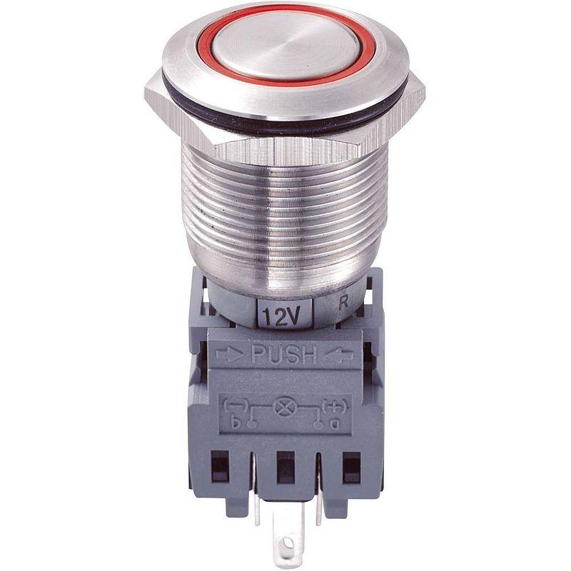 Foto van Tru components 701930 las1-bgq-11ze/r/12v vandalismebestendige drukschakelaar 250 v/ac 5 a 1x uit/aan continu rood ip67 1 stuk(s)