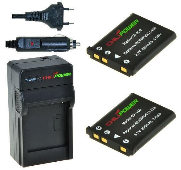 Foto van 2 x li-40b / li-42b accu's voor olympus - inclusief oplader en autolader - origineel chilipower