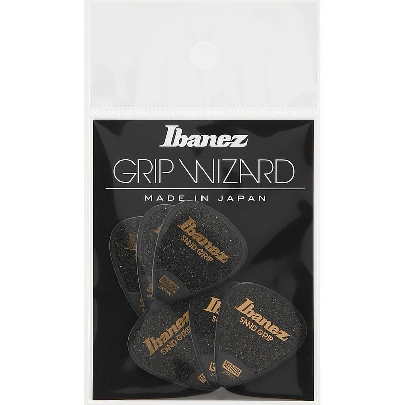 Foto van Ibanez ppa14msgbk grip wizard series sand grip plectrumset 6-pack teardrop zwart medium