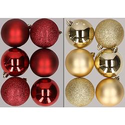 Foto van 12x stuks kunststof kerstballen mix van donkerrood en goud 8 cm - kerstbal