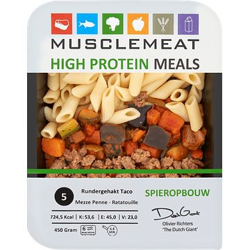 Foto van Muscle meat high protein meals rundergehakt taco mezze penne ratatouille spieropbouw 450g bij jumbo