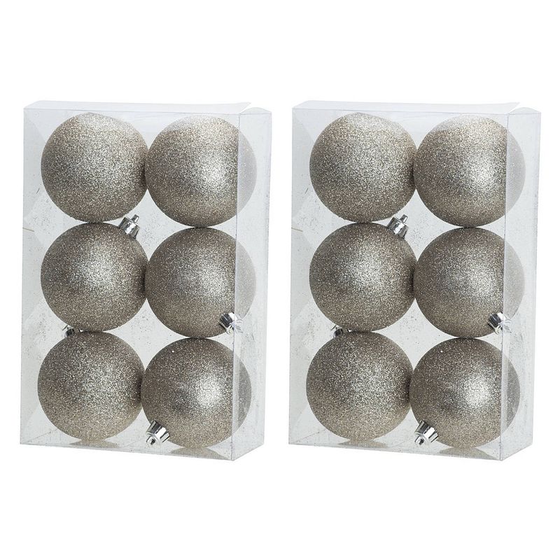 Foto van 12x stuks kunststof glitter kerstballen champagne 8 cm - kerstbal