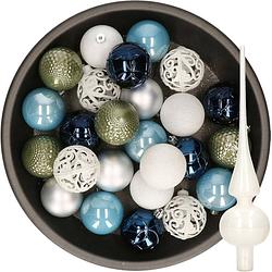 Foto van 37x stuks kunststof kerstballen 6 cm incl. glazen piek blauw-wit-zilver-groen - kerstbal