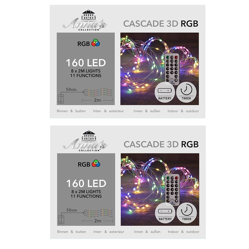 Foto van Set van 2x stuks cascade draadverlichting lichtsnoer met 160 lampjes gekleurd op batterijen - lichtsnoeren