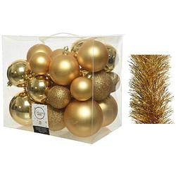 Foto van Kerstversiering kunststof kerstballen 6-8-10 cm met folieslingers pakket goud van 28x stuks - kerstbal