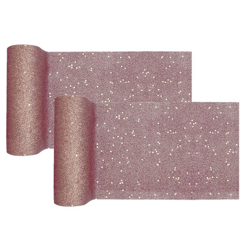 Foto van Santex kerst tafelloper op rol - 2x - rose goud glitter - 18 x 500 cm - polyester - tafellakens