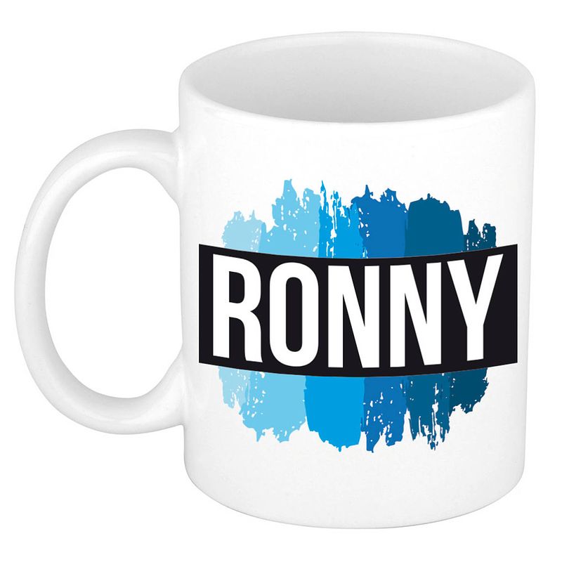 Foto van Naam cadeau mok / beker ronny met blauwe verfstrepen 300 ml - naam mokken