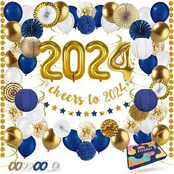Foto van Fissaly® happy new year 2022 versiering pakket - oudjaar & nieuwjaar pakket - ballonnen feestpakket - goud, wit & blauw