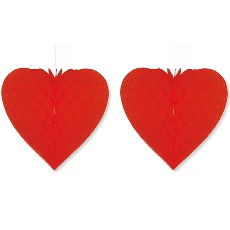 Foto van 2x bruiloft decoratie hart rood 28 x 32 cm - hangdecoratie