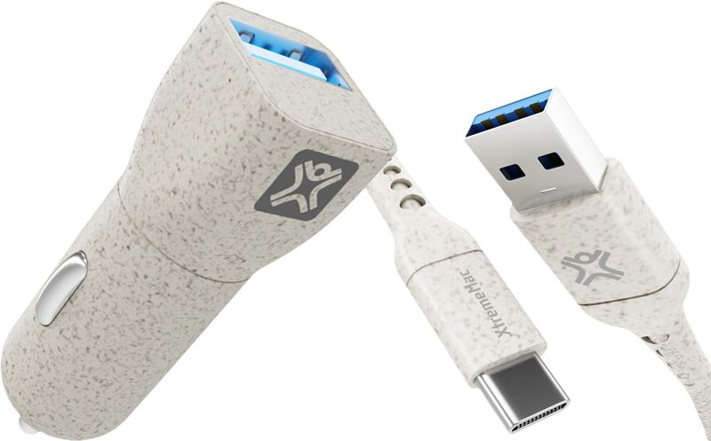 Foto van Xtrememac eco line quick charge autolader 18w + usb c kabel kunststof 1m crème