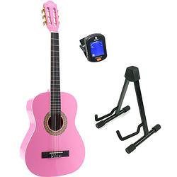 Foto van Lapaz 002 pi klassieke gitaar 3/4-formaat roze + statief + stemapparaat