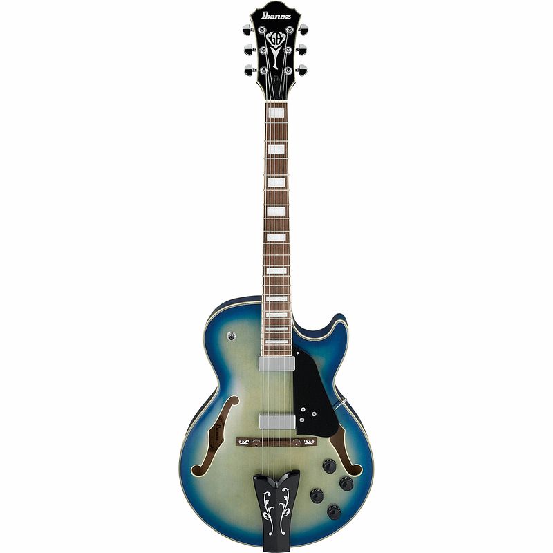 Foto van Ibanez george benson gb10em-jbb jet blue burst hollowbody