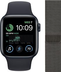 Foto van Apple watch se (2022) 4g 44mm midnight aluminium sportband + polsband milanees grafiet