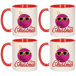 Foto van Set van 4x stuks merry christmas kerstcadeau kerstmokken rood kerstbal roze met zonnebril 300 ml - bekers