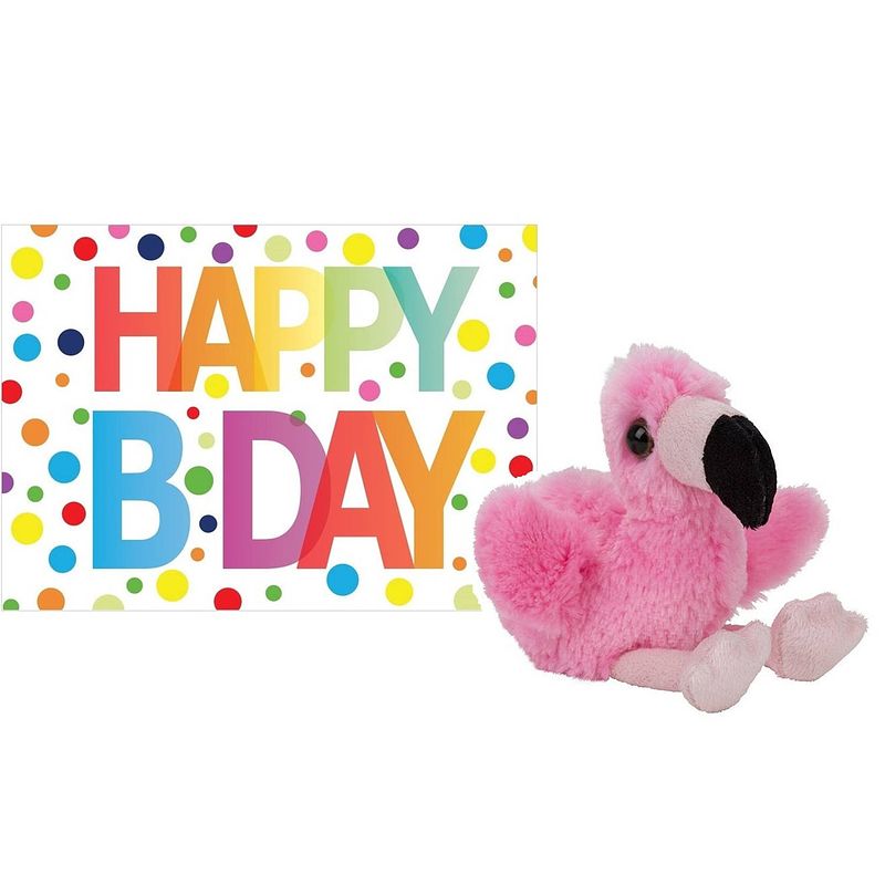 Foto van Pluche knuffel flamingo 13 cm met a5-size happy birthday wenskaart - vogel knuffels